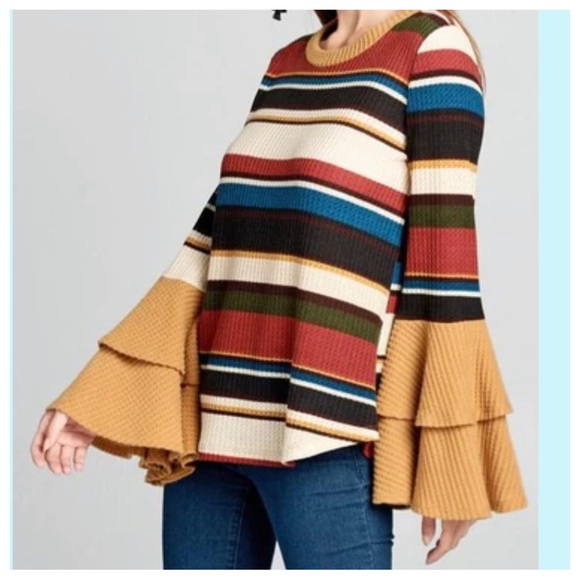 Boho Chic Color Block Multi Stripes Bell Layered Sleeves Top - Picture 4 of 5
